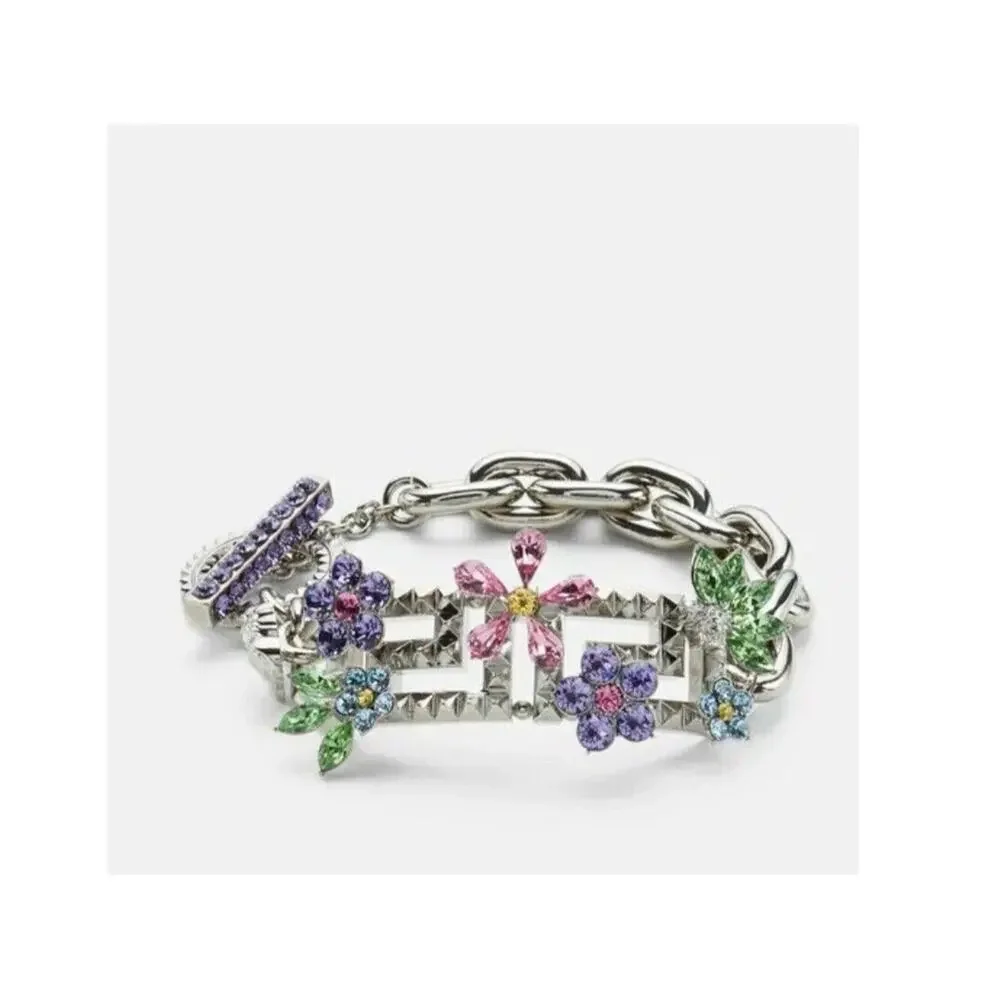 NIB Versace Multicolor Crystal Flower Bloom Greca Bracelet Silver Tone L $1,125